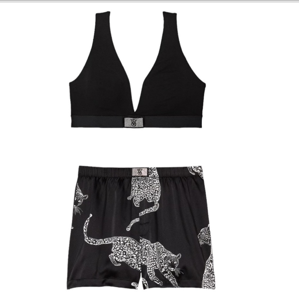Victoria’s Secret XL BLACK SHINE Lounge Bra & XL BLACK LEOPARD SHINE SHORTS - Picture 1 of 5